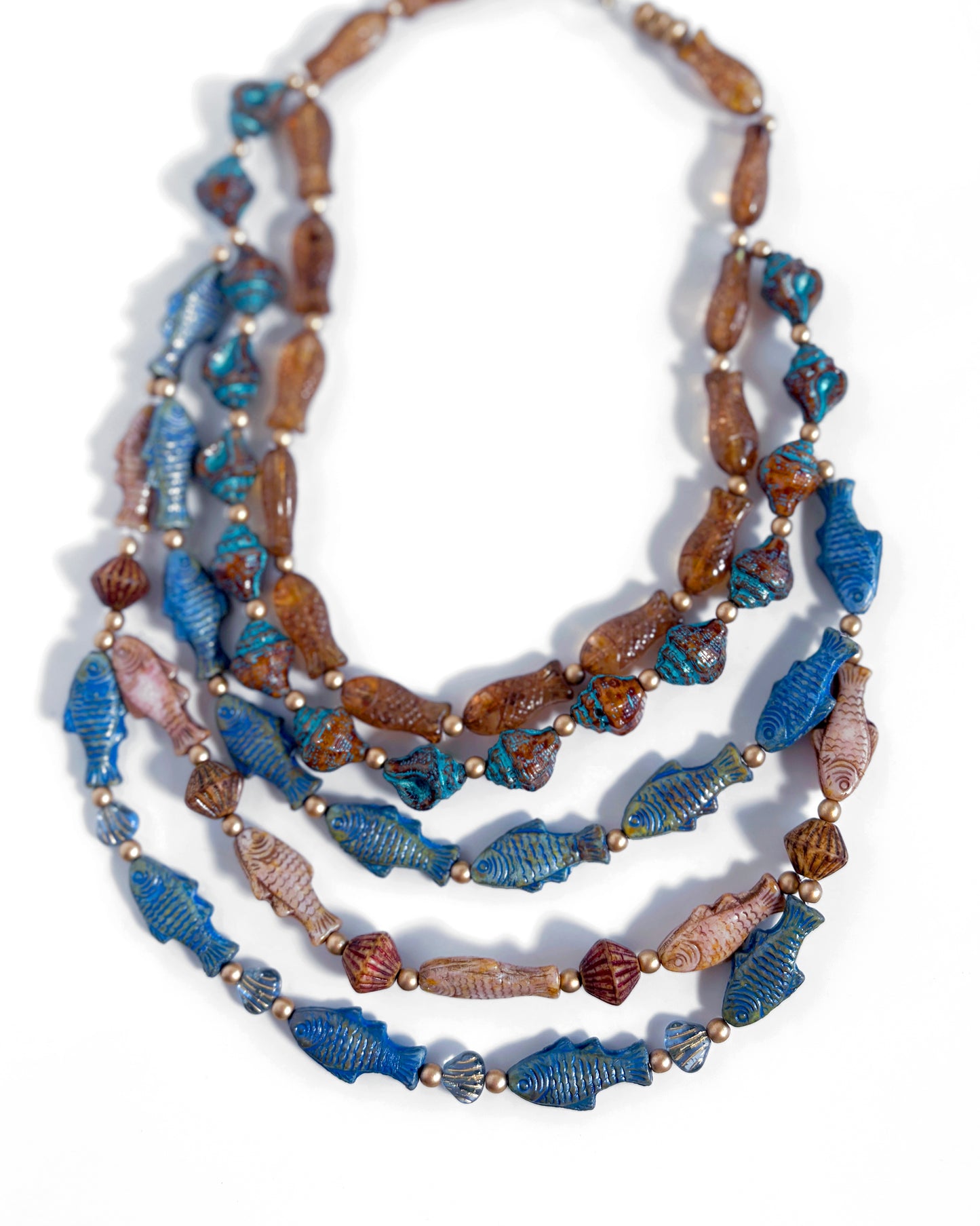 Boho Waterfall Necklace with Blue and Brown Fish and Cowrie Shells