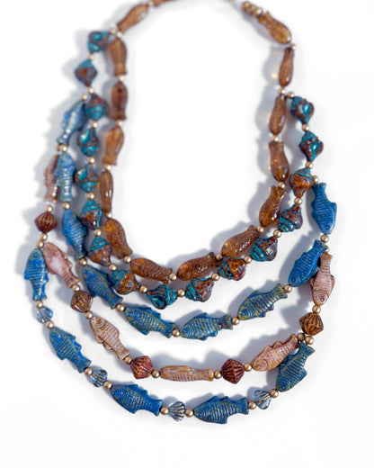 Boho Waterfall Necklace with Blue and Brown Fish and Cowrie Shells