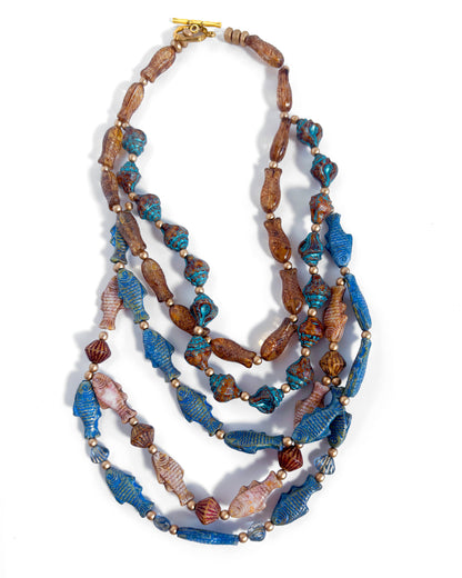 Boho Waterfall Necklace with Blue and Brown Fish and Cowrie Shells