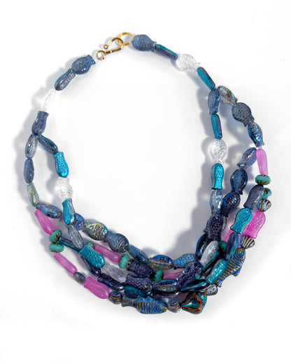 Marea necklace with blue and fuchsia boho fish crystals