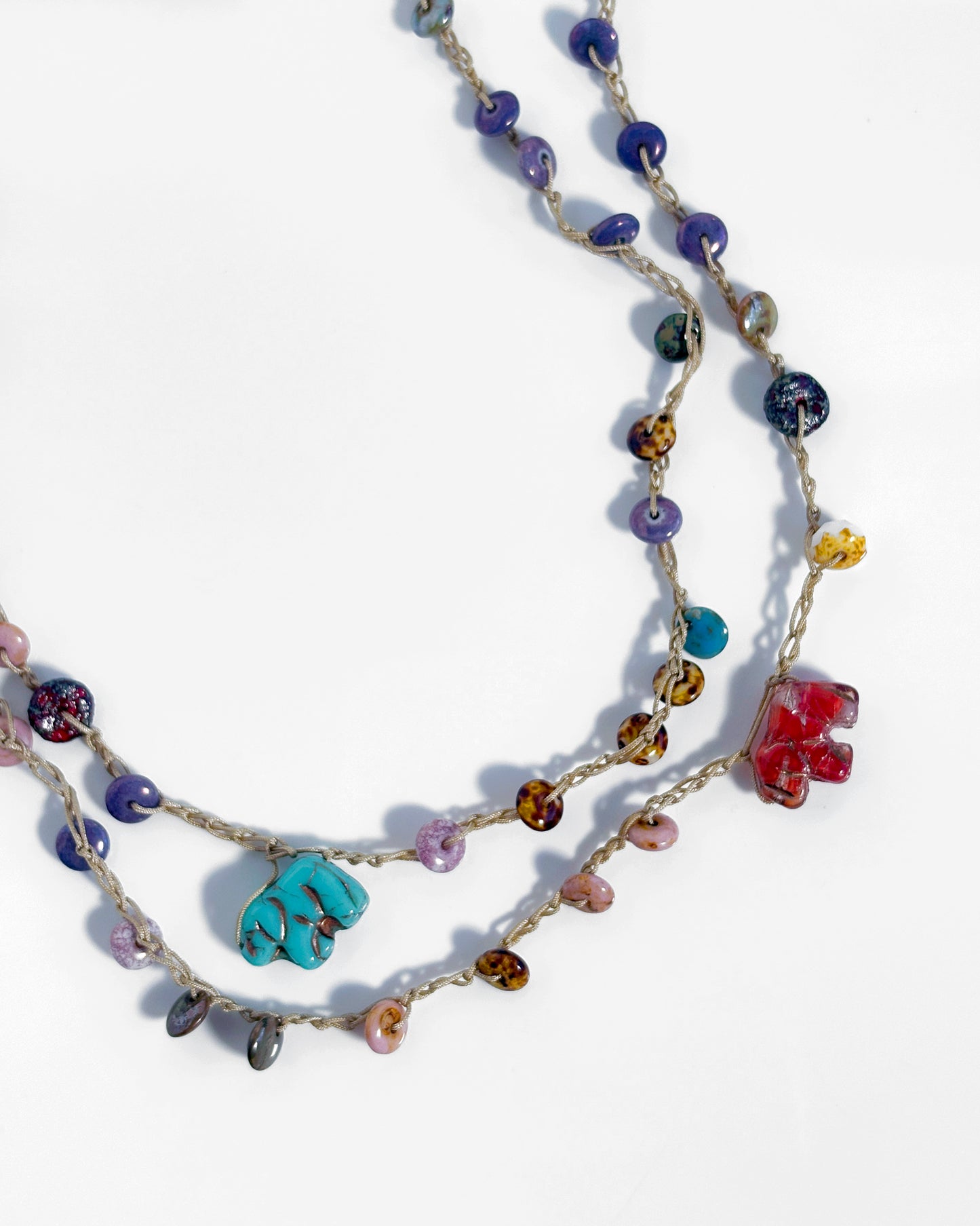 Long multicolor crochet necklace with crystal elephants