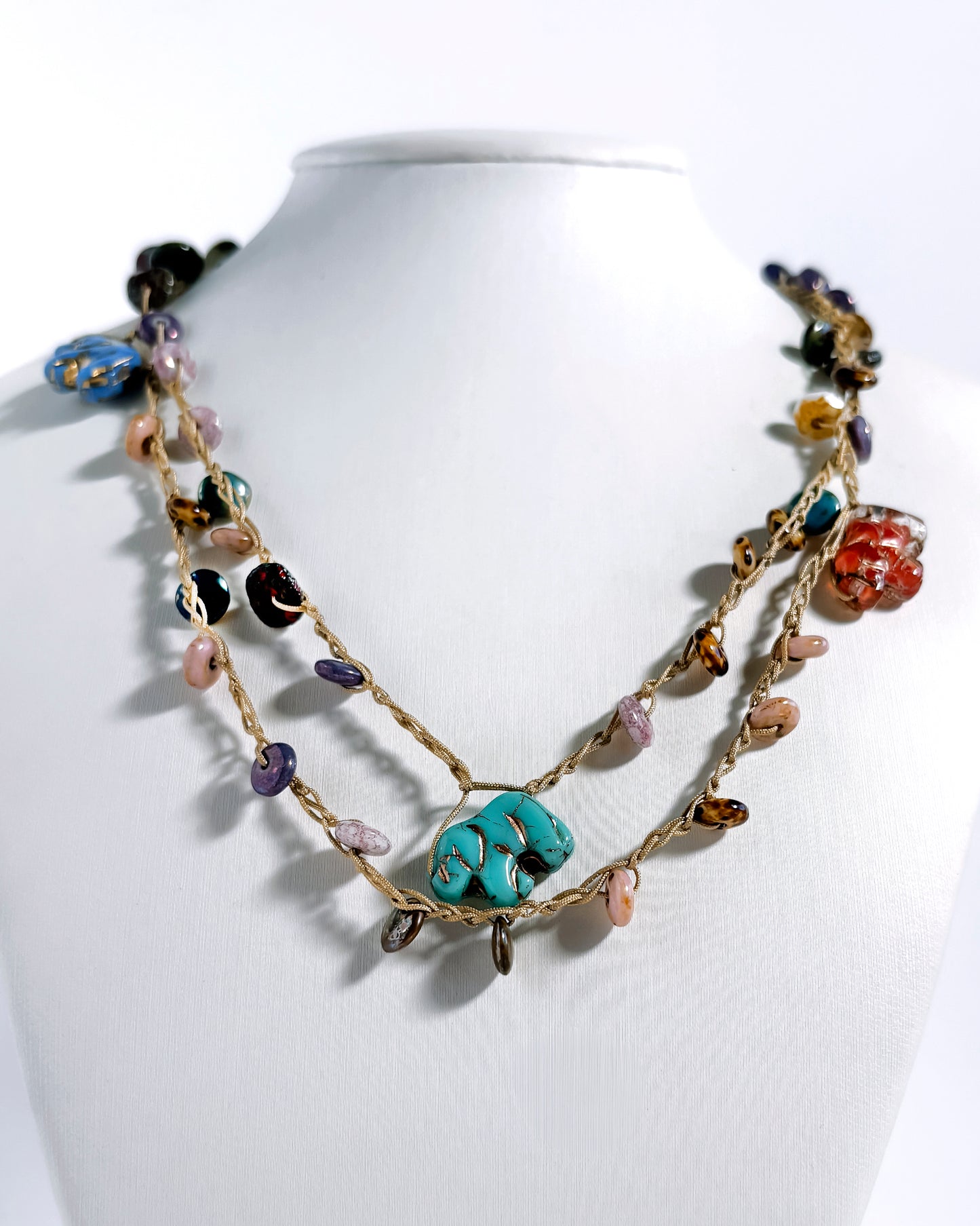 Long multicolor crochet necklace with crystal elephants