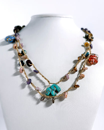 Long multicolor crochet necklace with crystal elephants