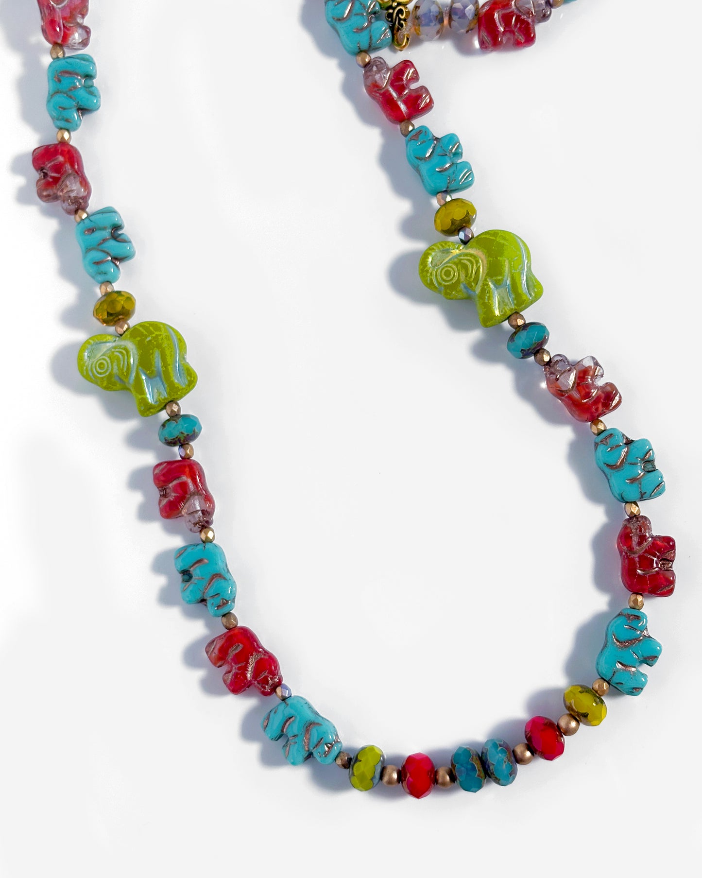 Long multicolored crystal necklace with elephants