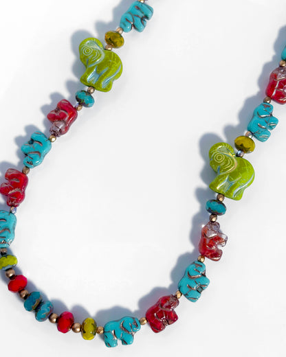 Long multicolored crystal necklace with elephants