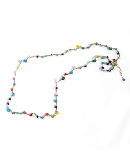 Long crochet necklace with small multicolored crystals
