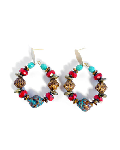 Boho hoop earrings with brown, red and turquoise Bohemian crystals