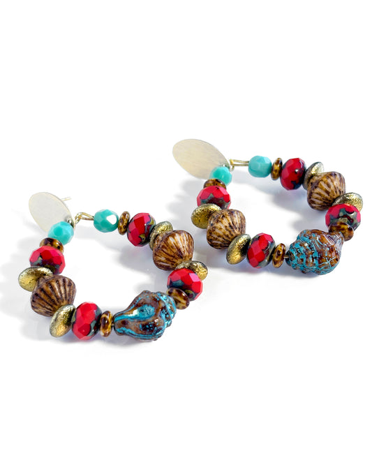 pendientes aro boho con cristales de bohemia marron rojo y turquesa