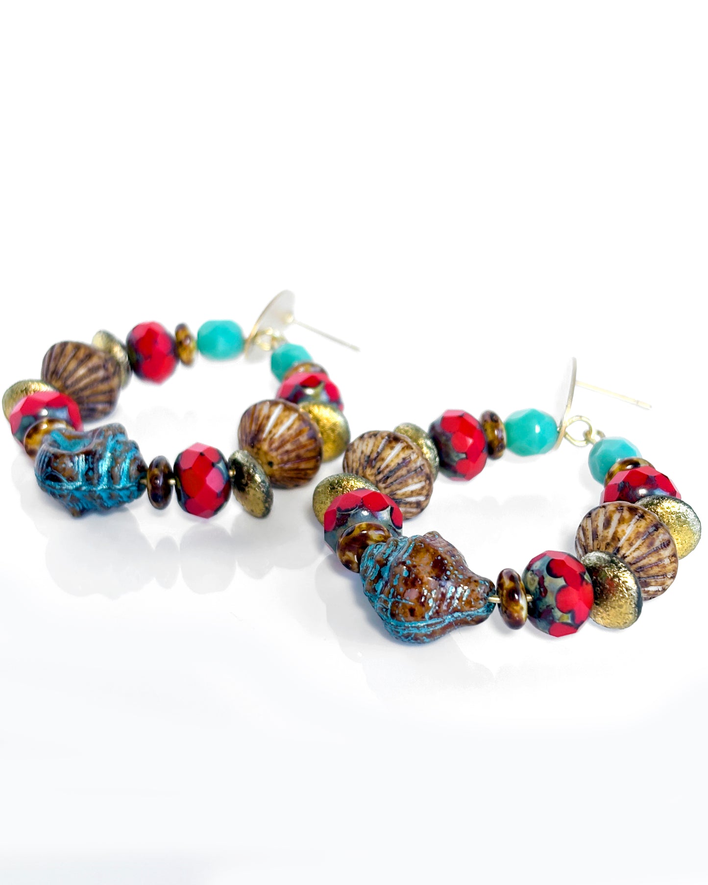 Boho hoop earrings with brown, red and turquoise Bohemian crystals