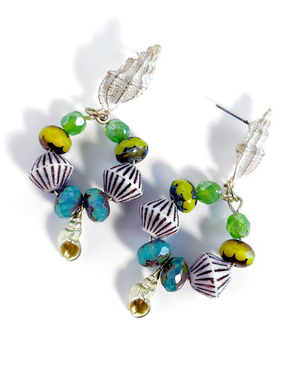 Hoop earrings with turquoise and lime crystals and shell clasp