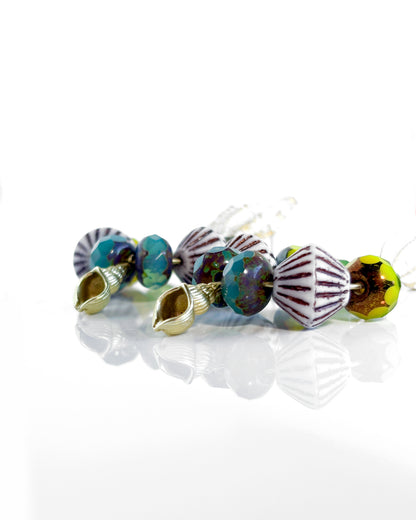 Hoop earrings with turquoise and lime crystals and shell clasp