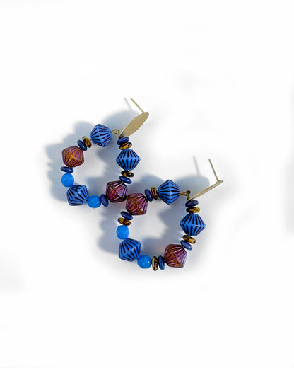 Hoop earrings with sky blue and purple Bohemian crystals