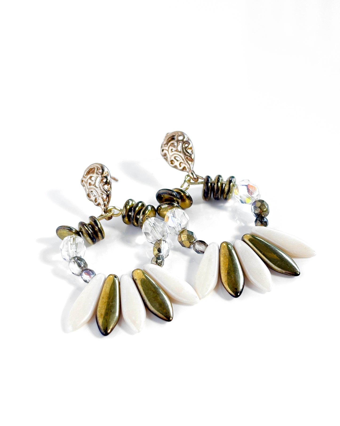 Long Bohemian crystal hoop earrings in gold and ivory