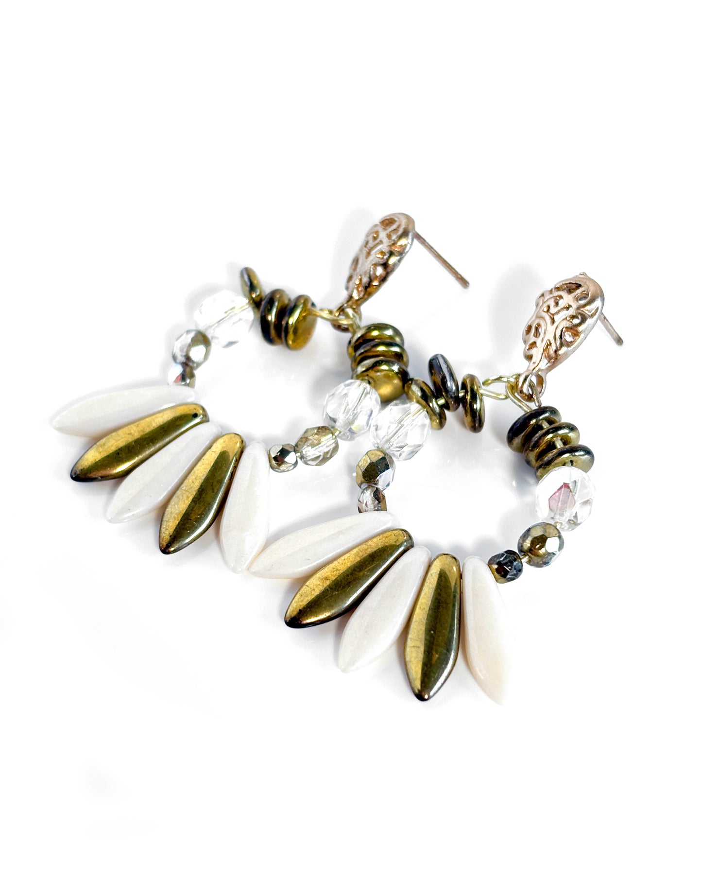 Long Bohemian crystal hoop earrings in gold and ivory