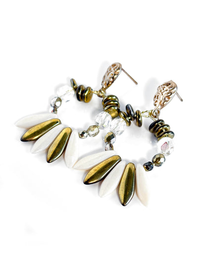 Long Bohemian crystal hoop earrings in gold and ivory
