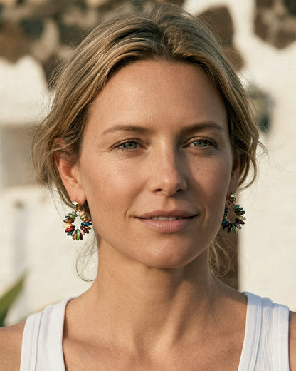 Boho-style multi-colored hoop earrings with Bohemian crystals