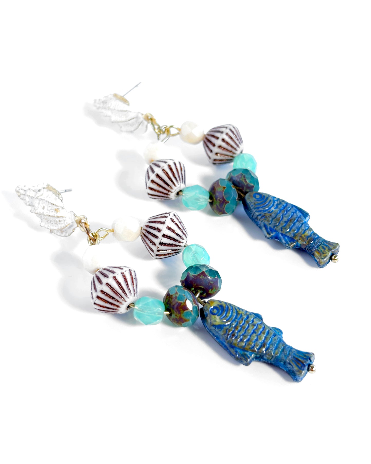 Hoop earrings with blue fish and Bohemian crystals, boho style