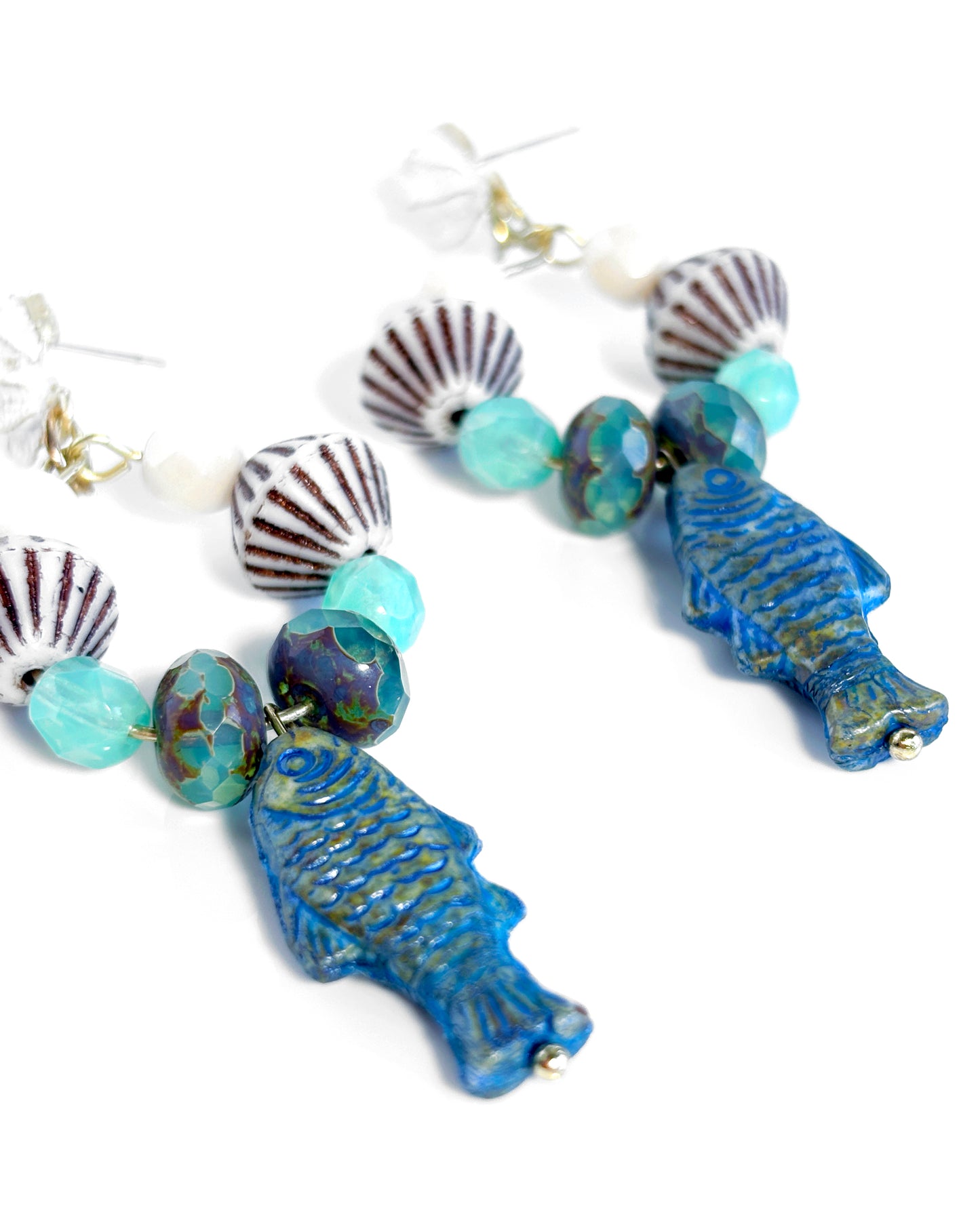 Hoop earrings with blue fish and Bohemian crystals, boho style
