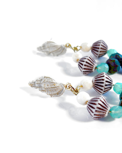Hoop earrings with blue fish and Bohemian crystals, boho style