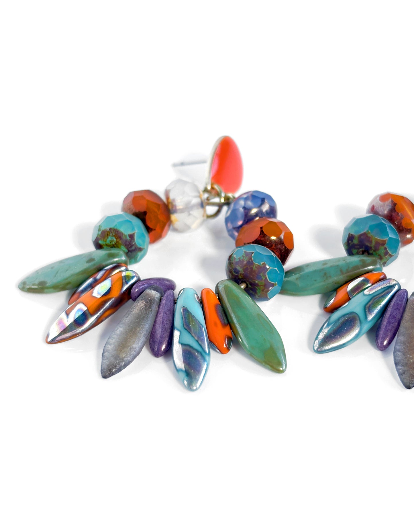 Sunray hoop earrings with orange and turquoise Bohemian crystals