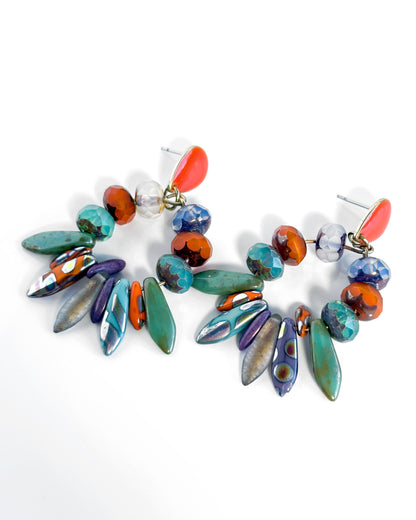 Sunray hoop earrings with orange and turquoise Bohemian crystals