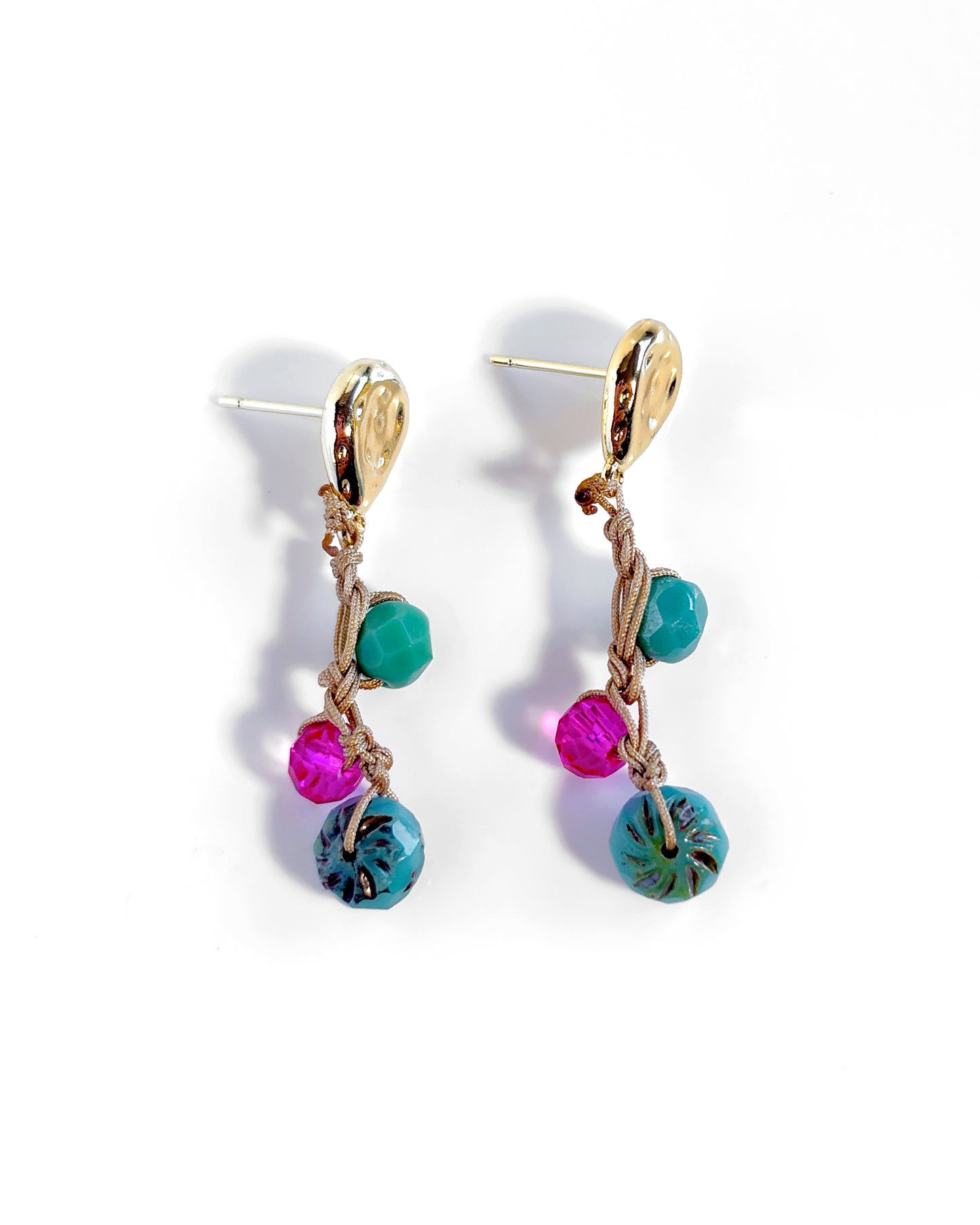 Boho-style turquoise and fuchsia Bohemian crystal crochet earrings