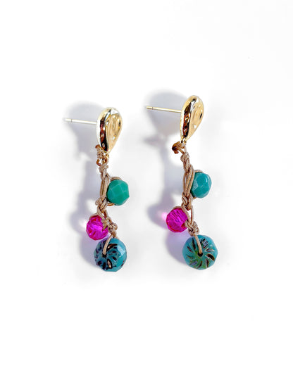 Boho-style turquoise and fuchsia Bohemian crystal crochet earrings