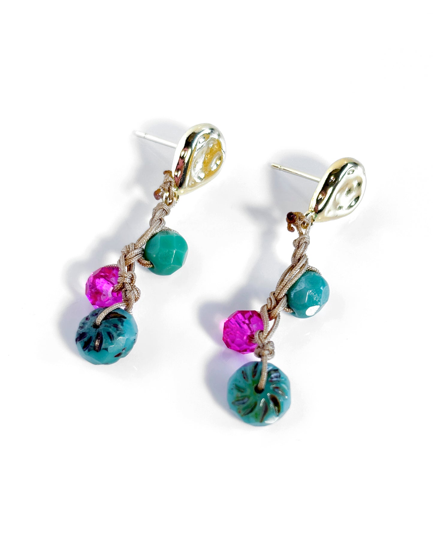 Boho-style turquoise and fuchsia Bohemian crystal crochet earrings