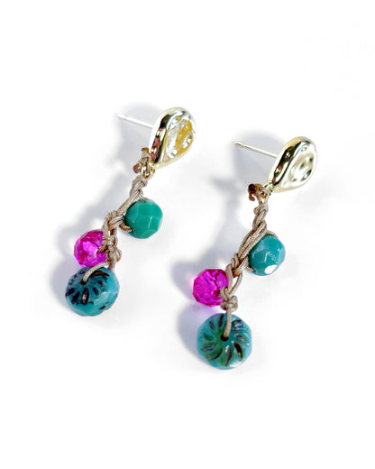 Boho-style turquoise and fuchsia Bohemian crystal crochet earrings