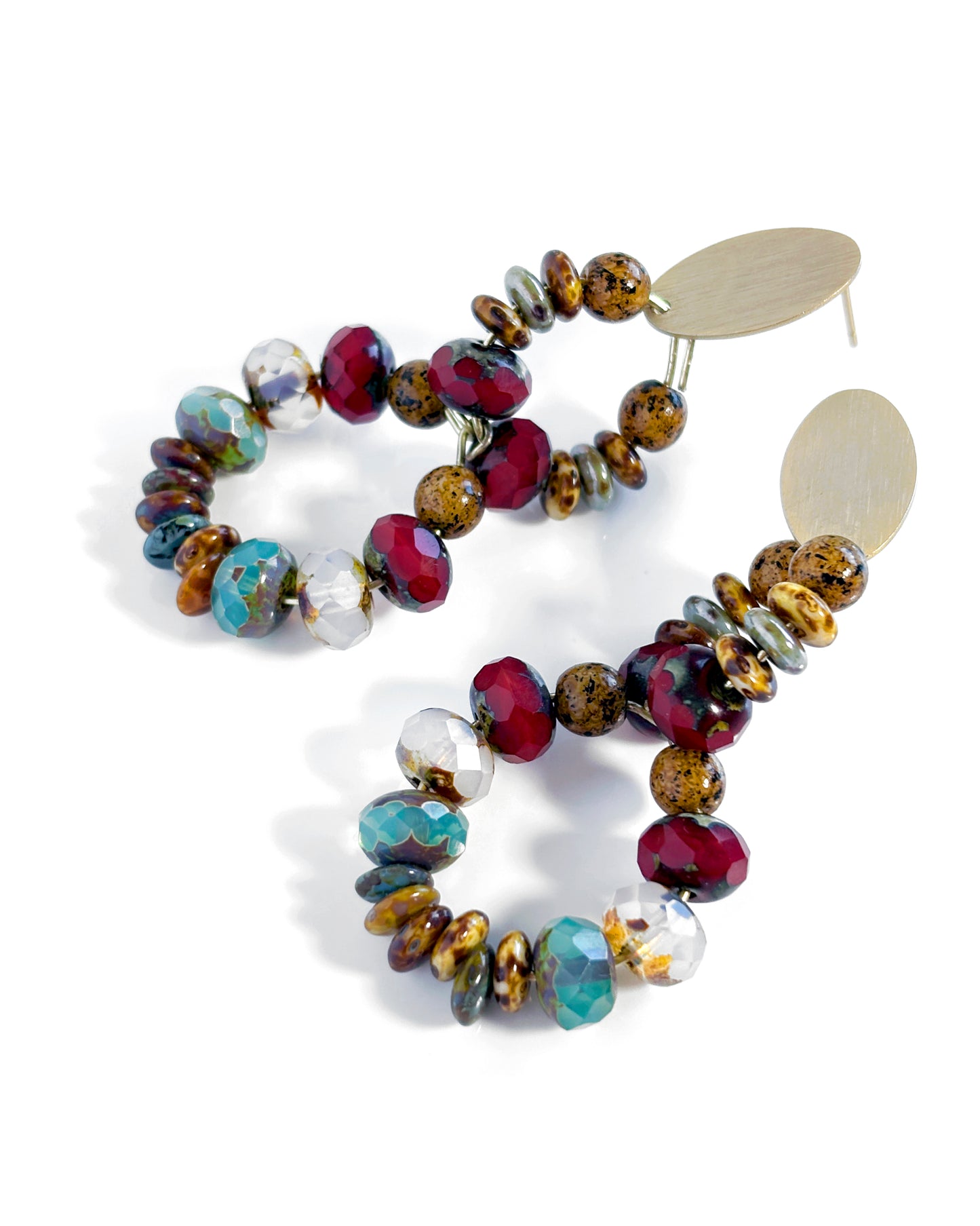 Double hoop earrings with multicolored Bohemian crystals