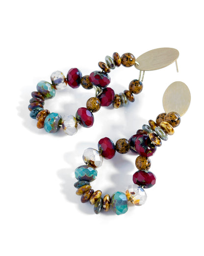 Double hoop earrings with multicolored Bohemian crystals