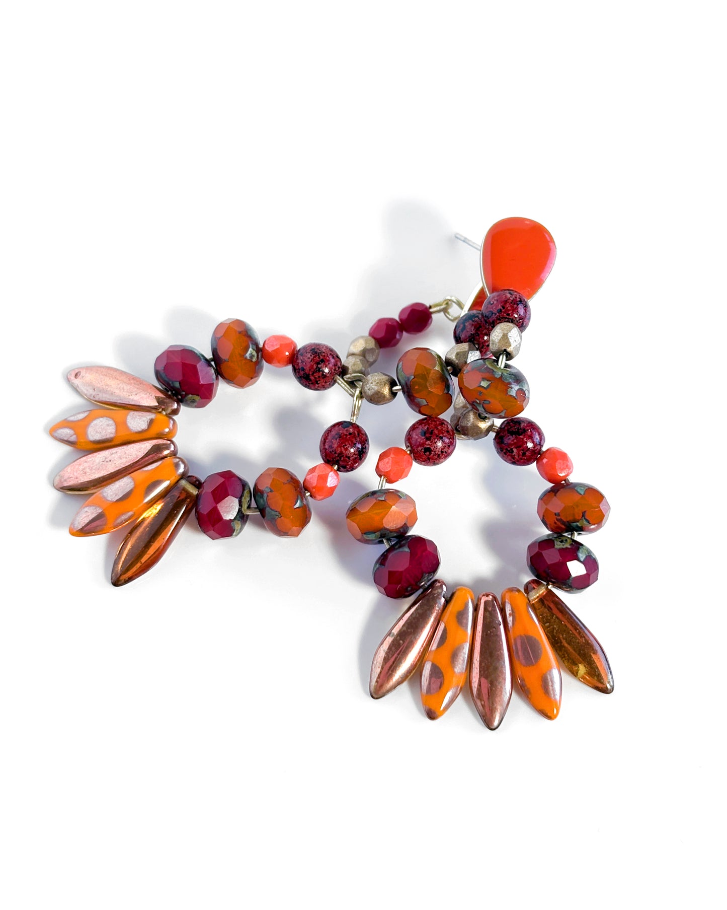 Double hoop earrings with Bohemian crystals in ocher and orange tones