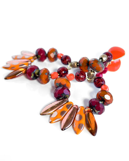 Double hoop earrings with Bohemian crystals in ocher and orange tones