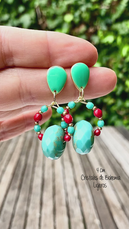 Hoop earrings with large turquoise crystal